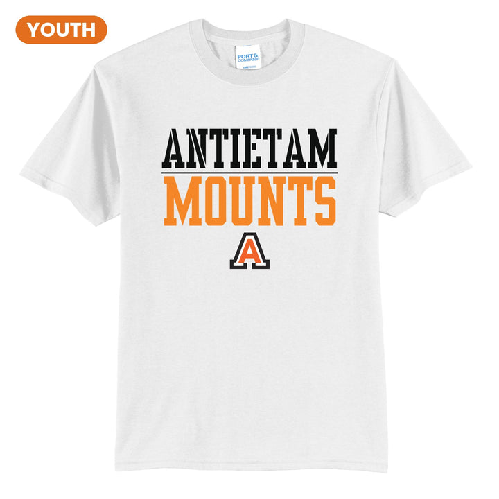 Antietam Mountaineers Split Block youth t-shirt in White: ANTIETAM over a thin rule, big MOUNTS block letters and the Antietam A