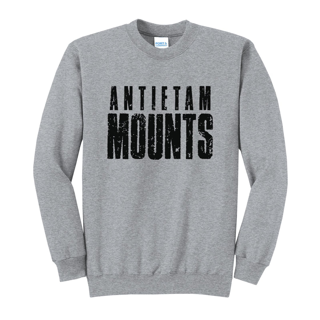 Antietam Mountaineers Distressed Block crewneck sweatshirt in Athletic Heather: ANTIETAM over tall, distressed MOUNTS lettering