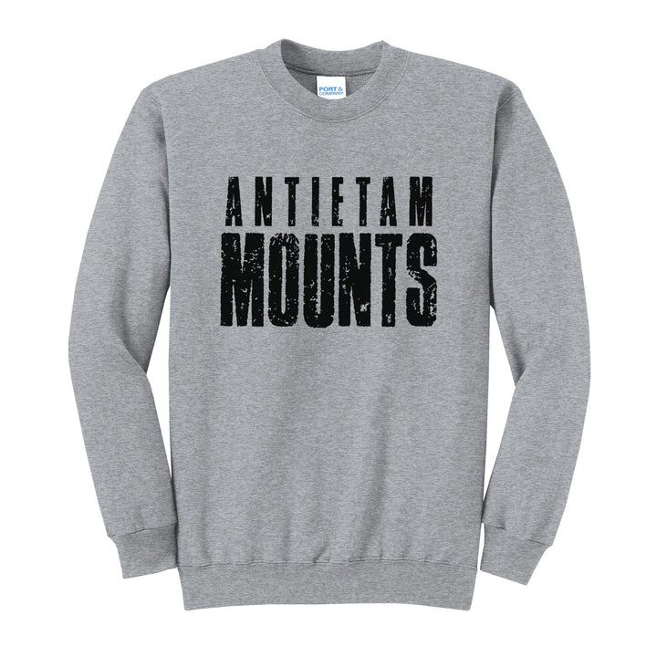 Antietam Mountaineers Distressed Block crewneck sweatshirt in Athletic Heather: ANTIETAM over tall, distressed MOUNTS lettering