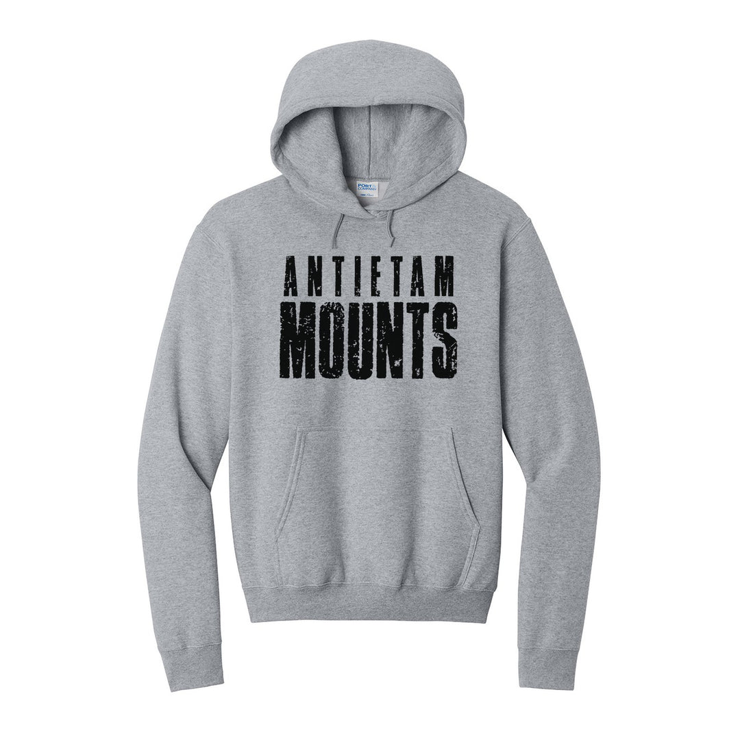 Antietam Mountaineers Distressed Block hoodie in Athletic Heather: ANTIETAM over tall, distressed MOUNTS lettering