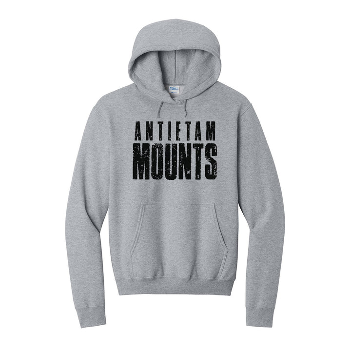 Antietam Mountaineers Distressed Block hoodie in Athletic Heather: ANTIETAM over tall, distressed MOUNTS lettering