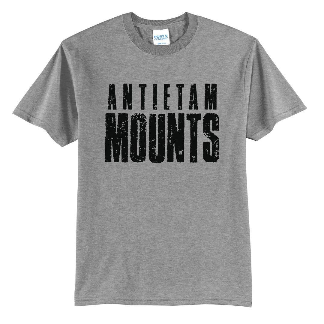 Antietam Mountaineers Distressed Block t-shirt in Athletic Heather: ANTIETAM over tall, distressed MOUNTS lettering
