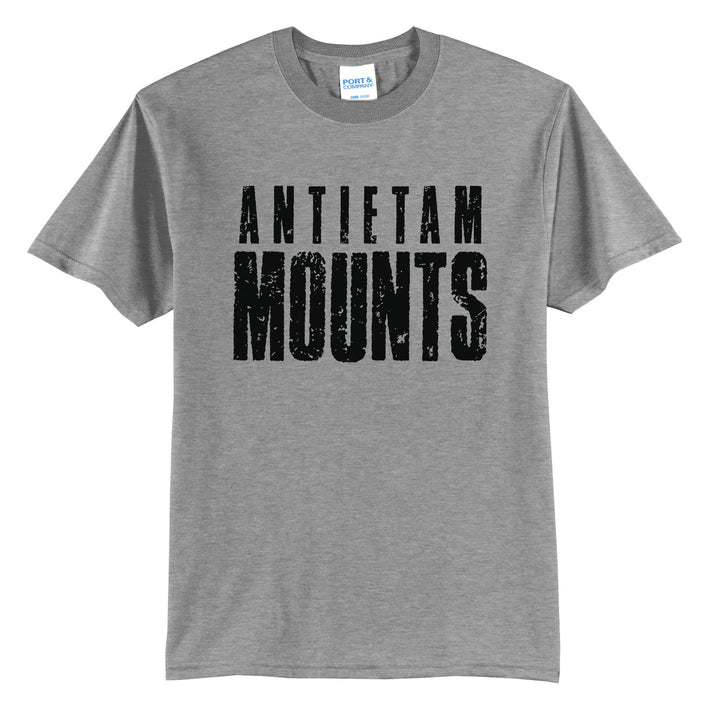 Antietam Mountaineers Distressed Block t-shirt in Athletic Heather: ANTIETAM over tall, distressed MOUNTS lettering