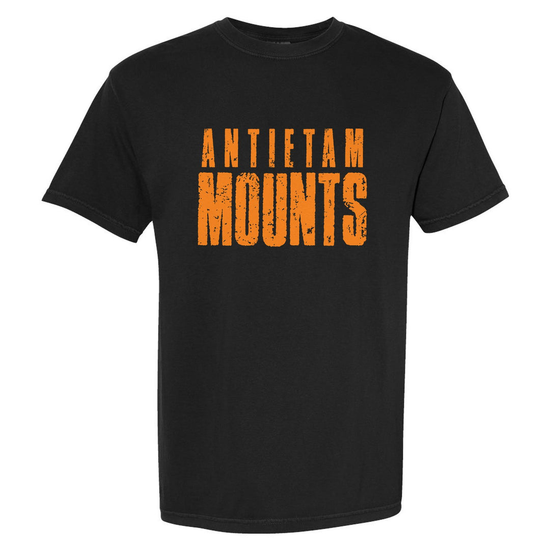 Antietam Mountaineers Distressed Block comfort colors t-shirt in Black: ANTIETAM over tall, distressed MOUNTS lettering