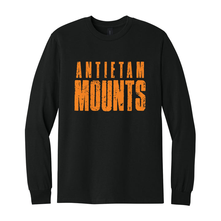 Antietam Mountaineers Distressed Block long sleeve t-shirt in Black: ANTIETAM over tall, distressed MOUNTS lettering