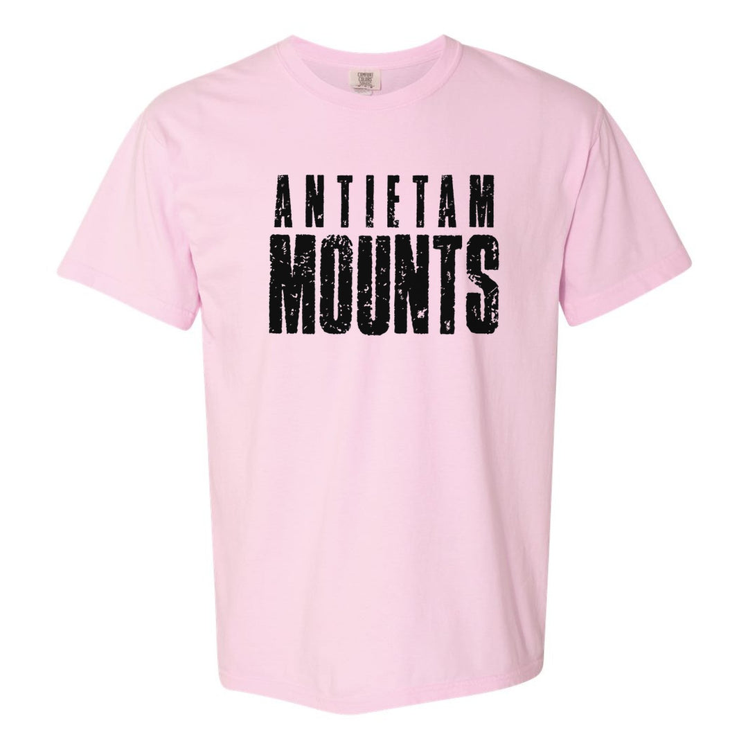 Antietam Mountaineers Distressed Block comfort colors t-shirt in Blossom: ANTIETAM over tall, distressed MOUNTS lettering