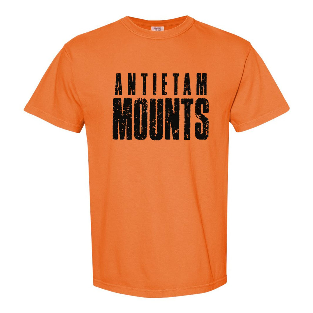 Antietam Mountaineers Distressed Block comfort colors t-shirt in Burnt Orange: ANTIETAM over tall, distressed MOUNTS lettering