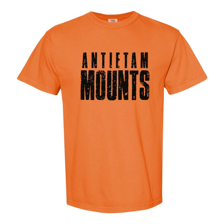 Antietam Mountaineers Distressed Block comfort colors t-shirt in Burnt Orange: ANTIETAM over tall, distressed MOUNTS lettering