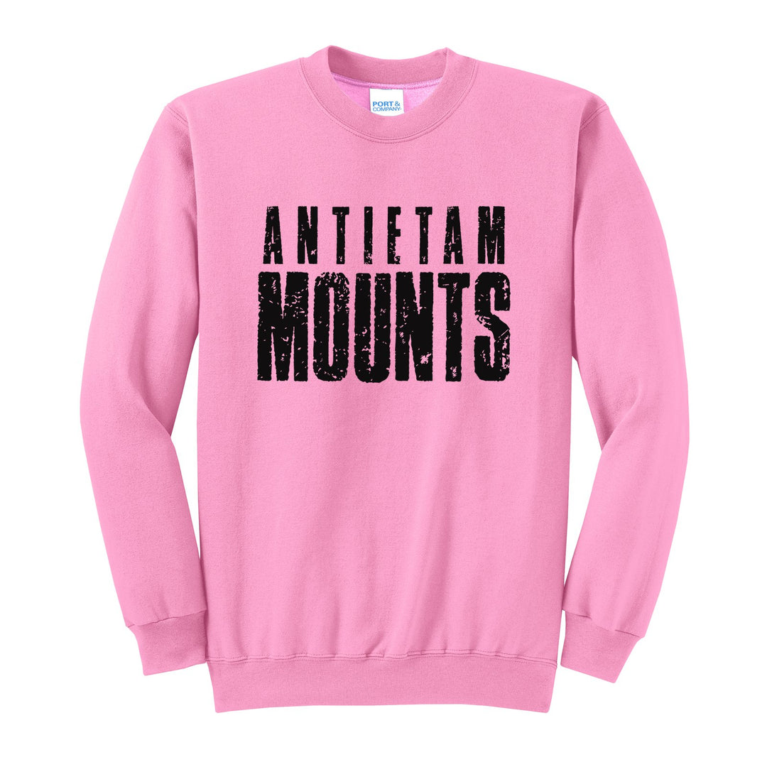 Antietam Mountaineers Distressed Block crewneck sweatshirt in Candy Pink: ANTIETAM over tall, distressed MOUNTS lettering