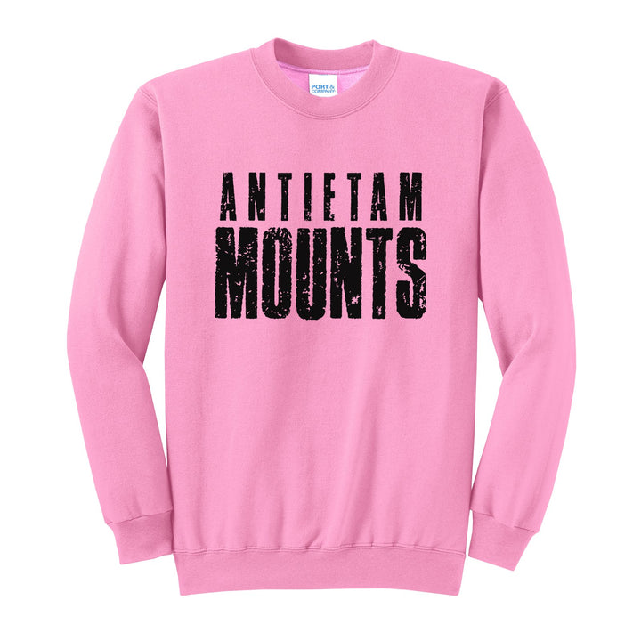 Antietam Mountaineers Distressed Block crewneck sweatshirt in Candy Pink: ANTIETAM over tall, distressed MOUNTS lettering