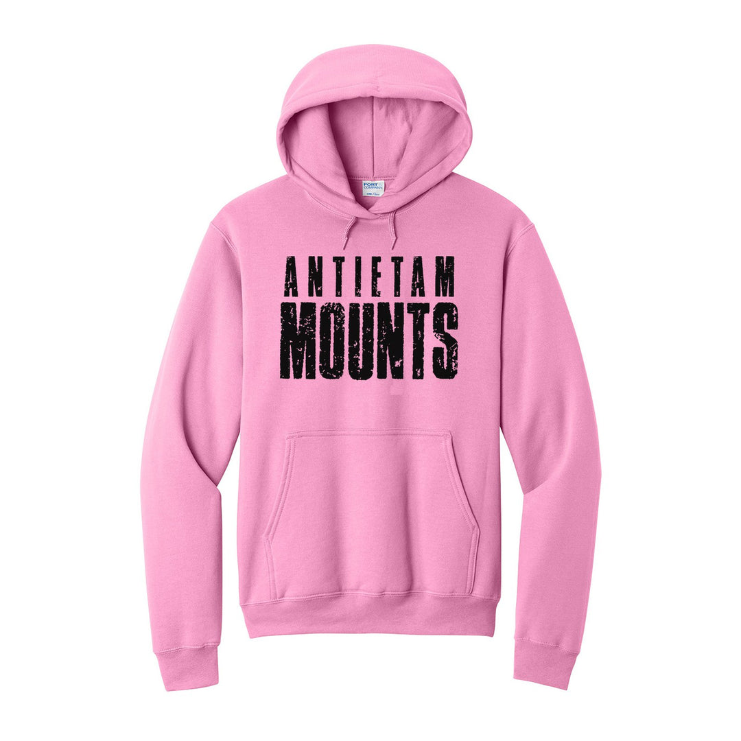 Antietam Mountaineers Distressed Block hoodie in Candy Pink: ANTIETAM over tall, distressed MOUNTS lettering
