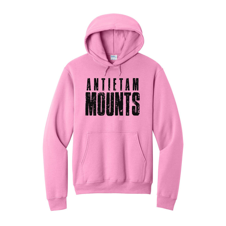 Antietam Mountaineers Distressed Block hoodie in Candy Pink: ANTIETAM over tall, distressed MOUNTS lettering