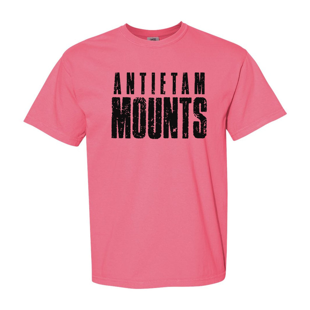 Antietam Mountaineers Distressed Block comfort colors t-shirt in Crunchberry: ANTIETAM over tall, distressed MOUNTS lettering