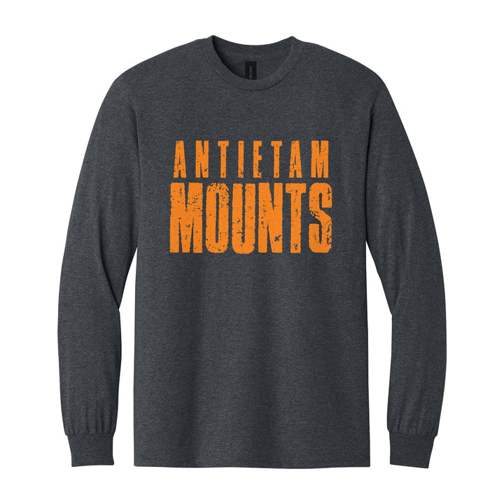 Antietam Mountaineers Distressed Block long sleeve t-shirt in Dark Heather: ANTIETAM over tall, distressed MOUNTS lettering