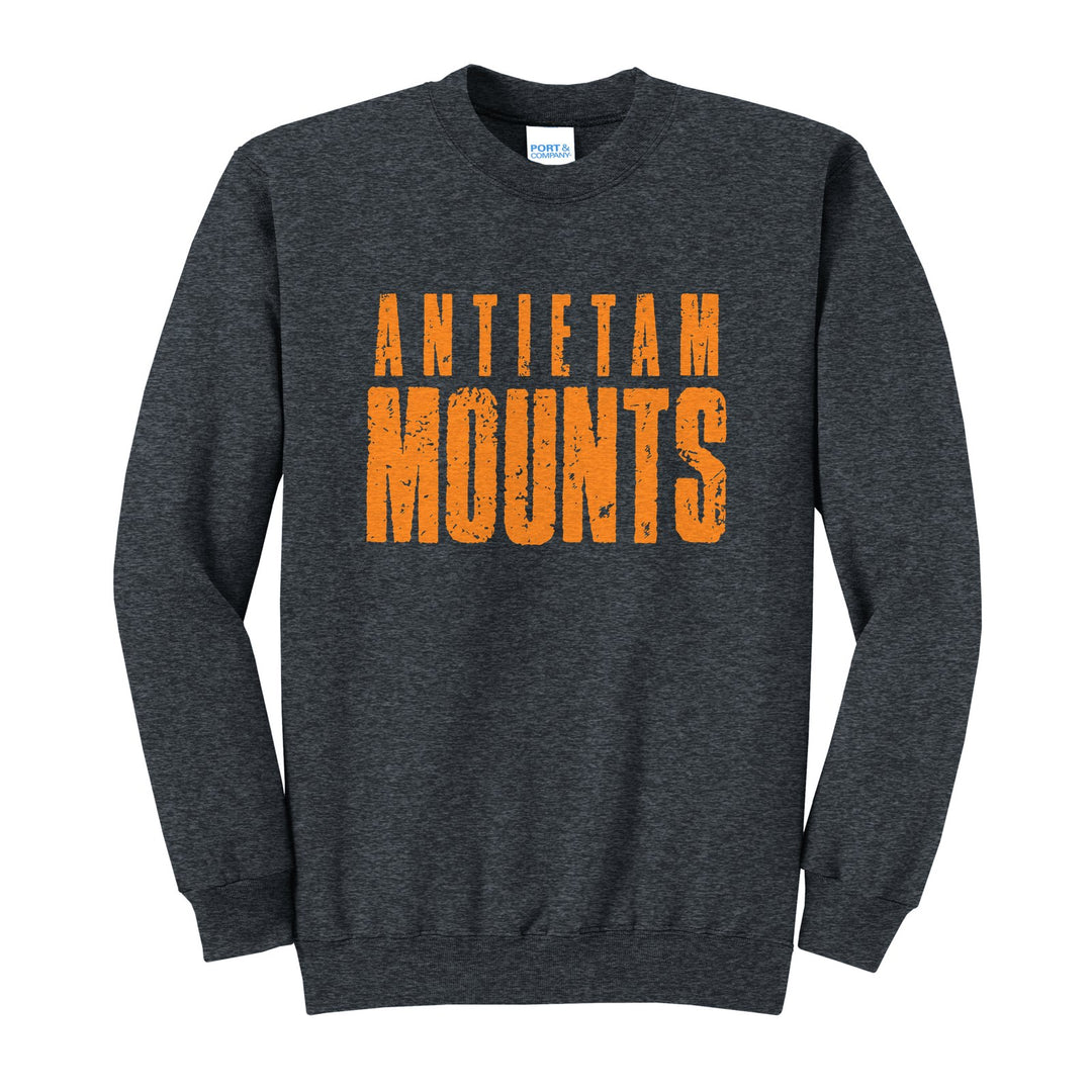 Antietam Mountaineers Distressed Block crewneck sweatshirt in Dark Heather Grey: ANTIETAM over tall, distressed MOUNTS lettering