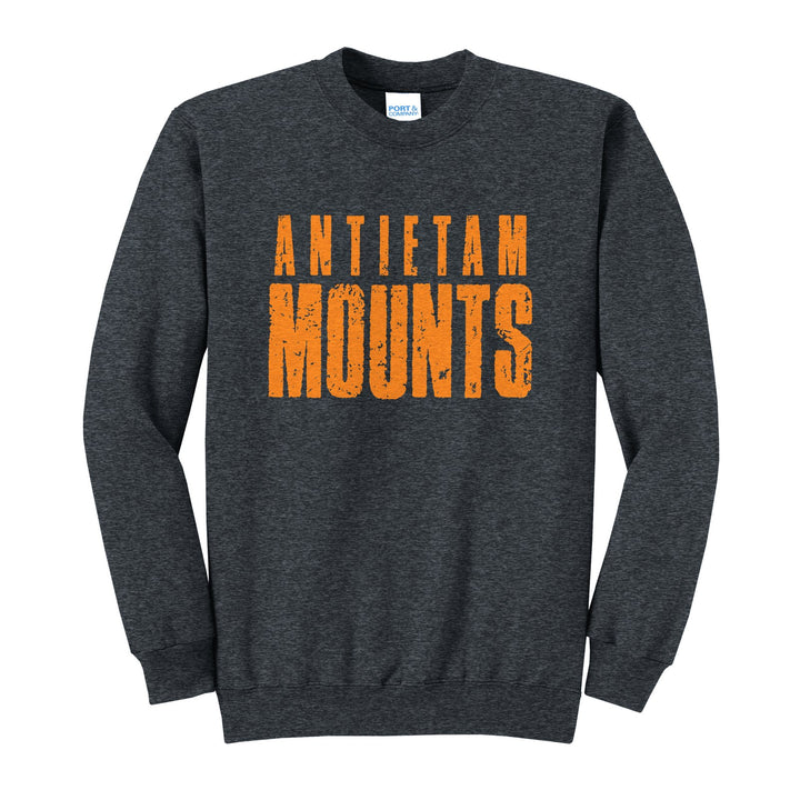 Antietam Mountaineers Distressed Block crewneck sweatshirt in Dark Heather Grey: ANTIETAM over tall, distressed MOUNTS lettering
