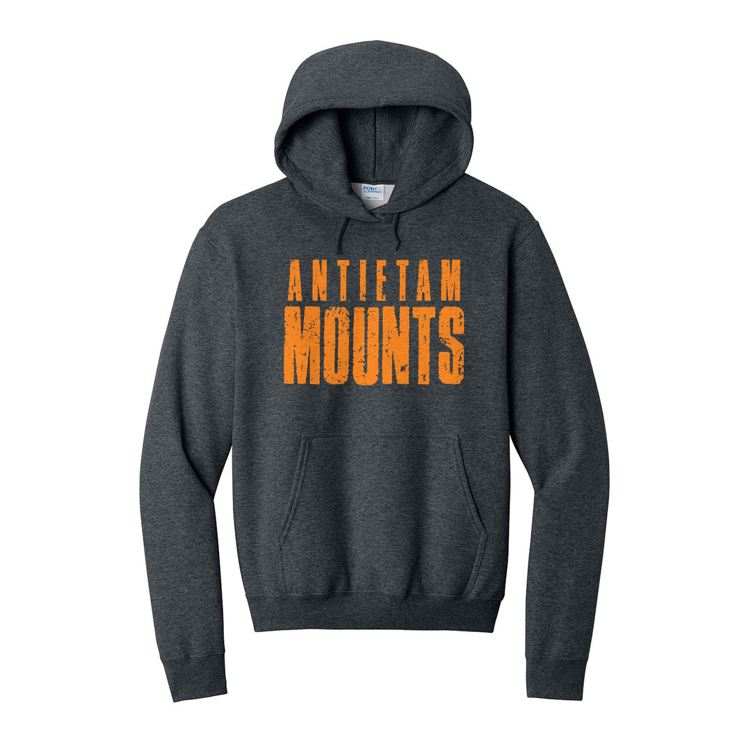 Antietam Mountaineers Distressed Block hoodie in Dark Heather Grey: ANTIETAM over tall, distressed MOUNTS lettering