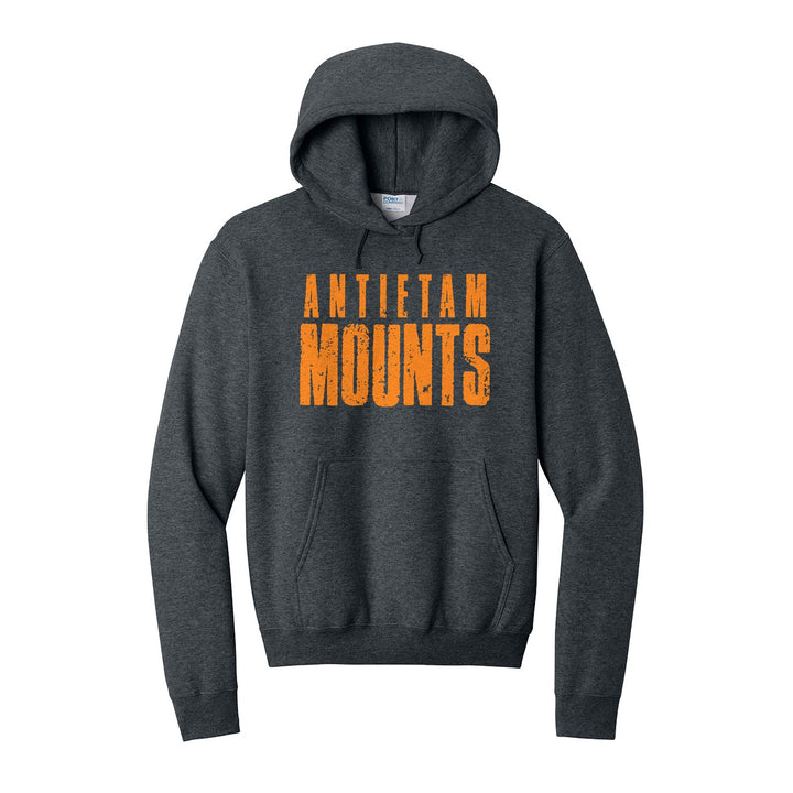 Antietam Mountaineers Distressed Block hoodie in Dark Heather Grey: ANTIETAM over tall, distressed MOUNTS lettering