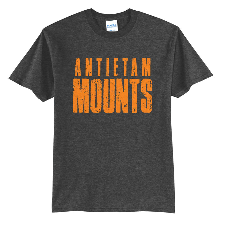 Antietam Mountaineers Distressed Block t-shirt in Dark Heather Grey: ANTIETAM over tall, distressed MOUNTS lettering
