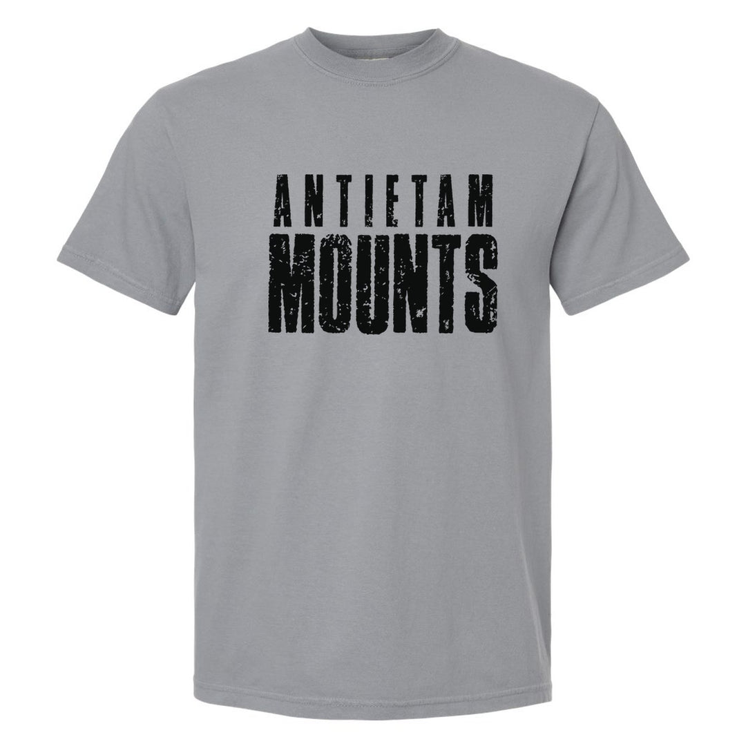 Antietam Mountaineers Distressed Block comfort colors t-shirt in Granite: ANTIETAM over tall, distressed MOUNTS lettering