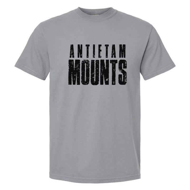 Antietam Mountaineers Distressed Block comfort colors t-shirt in Granite: ANTIETAM over tall, distressed MOUNTS lettering