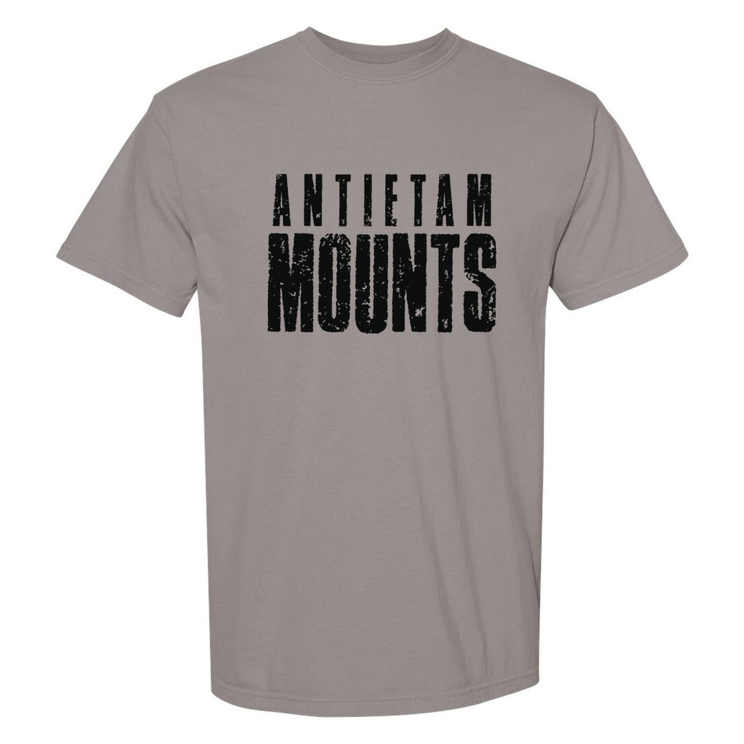 Antietam Mountaineers Distressed Block comfort colors t-shirt in Grey: ANTIETAM over tall, distressed MOUNTS lettering