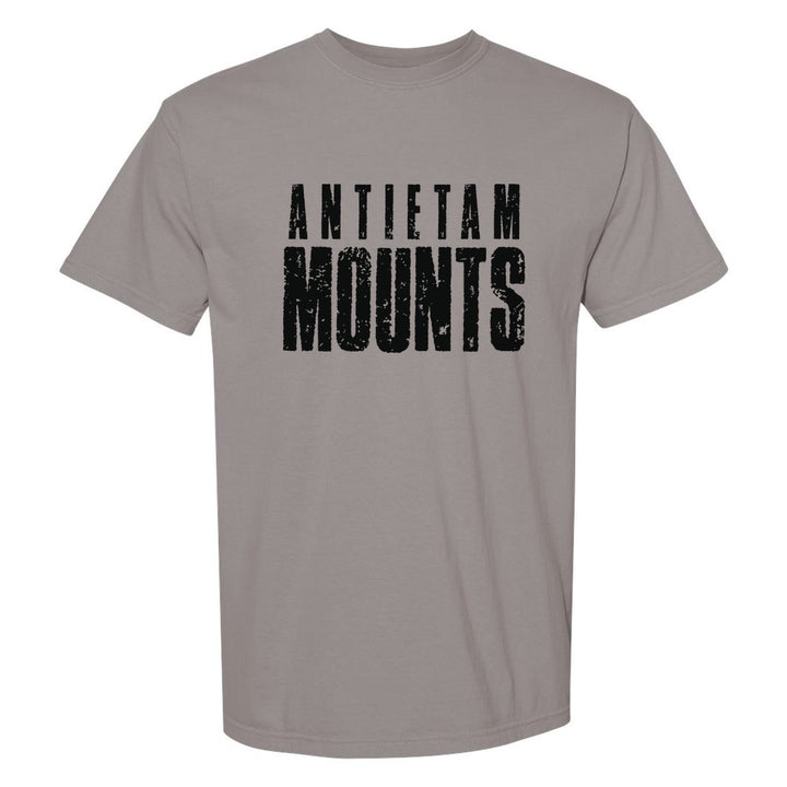 Antietam Mountaineers Distressed Block comfort colors t-shirt in Grey: ANTIETAM over tall, distressed MOUNTS lettering