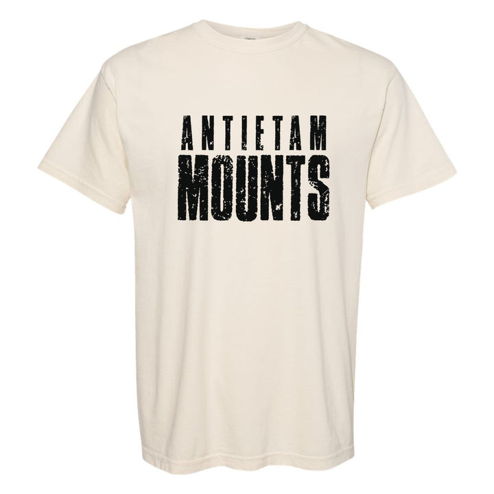 Antietam Mountaineers Distressed Block comfort colors t-shirt in Ivory: ANTIETAM over tall, distressed MOUNTS lettering