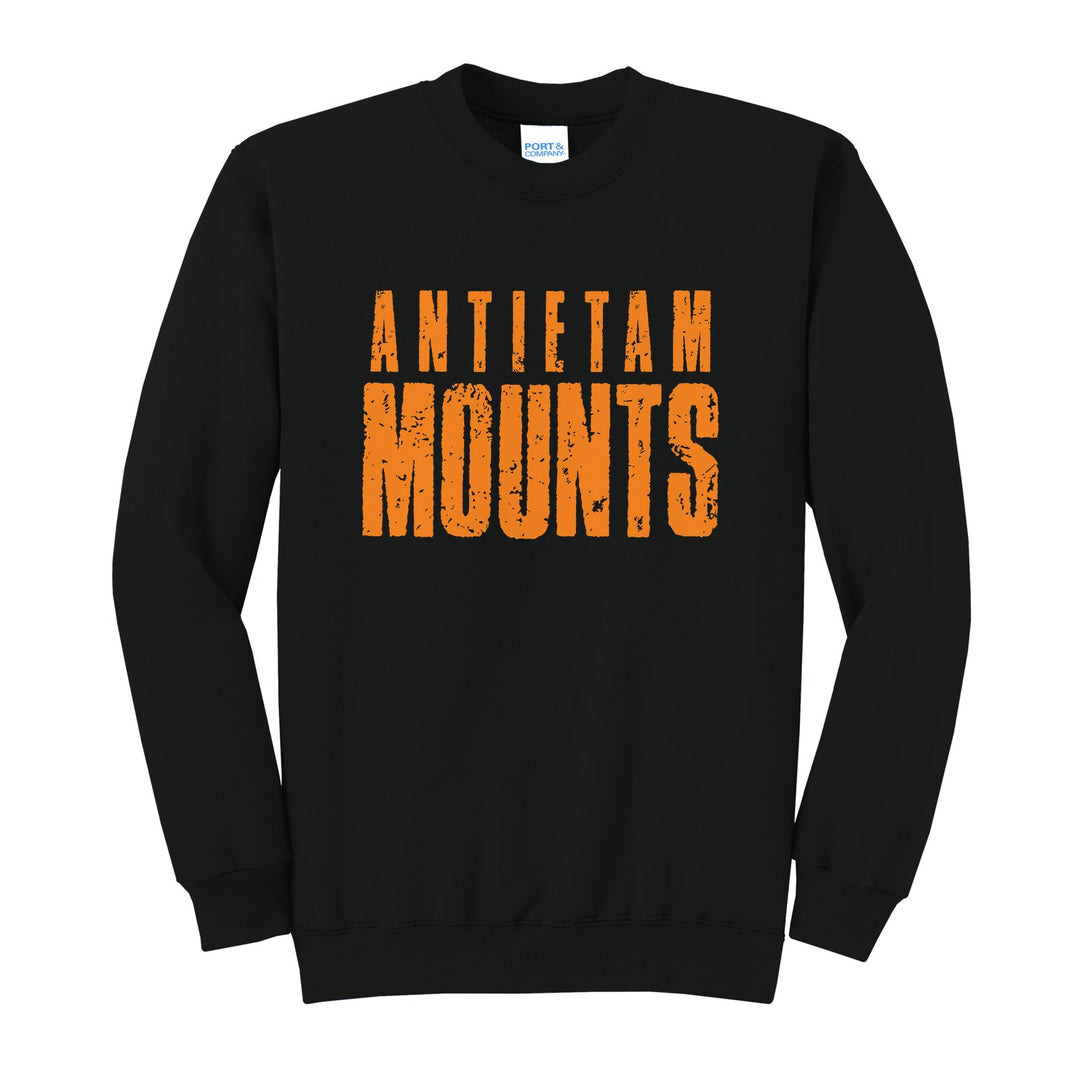 Antietam Mountaineers Distressed Block crewneck sweatshirt in Jet Black: ANTIETAM over tall, distressed MOUNTS lettering
