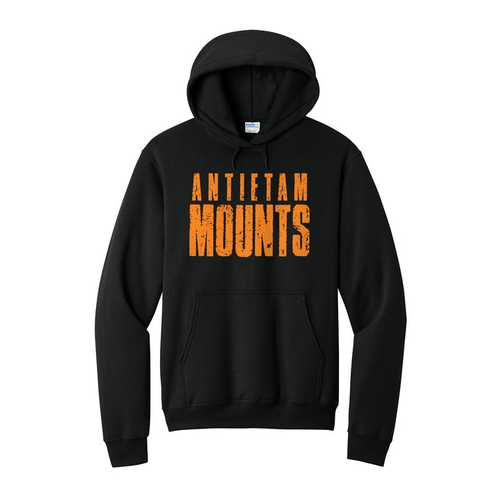 Antietam Mountaineers Distressed Block hoodie in Jet Black: ANTIETAM over tall, distressed MOUNTS lettering