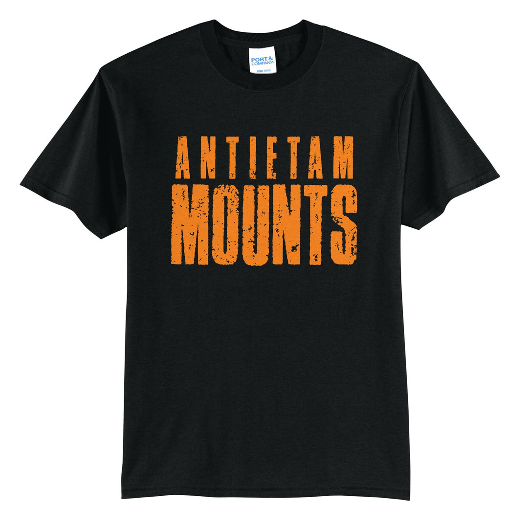 Antietam Mountaineers Distressed Block t-shirt in Jet Black: ANTIETAM over tall, distressed MOUNTS lettering