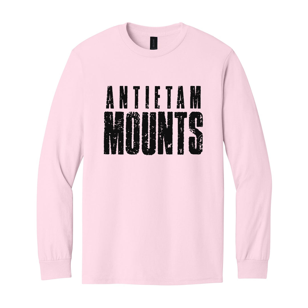 Antietam Mountaineers Distressed Block long sleeve t-shirt in Light Pink: ANTIETAM over tall, distressed MOUNTS lettering