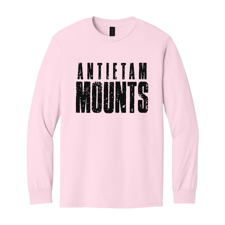 Antietam Mountaineers Distressed Block long sleeve t-shirt in Light Pink: ANTIETAM over tall, distressed MOUNTS lettering