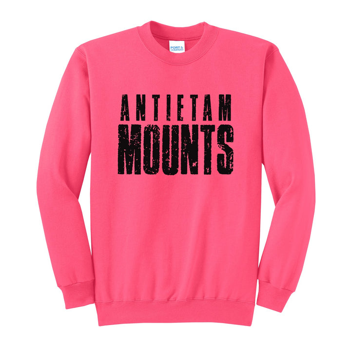 Antietam Mountaineers Distressed Block crewneck sweatshirt in Neon Pink: ANTIETAM over tall, distressed MOUNTS lettering