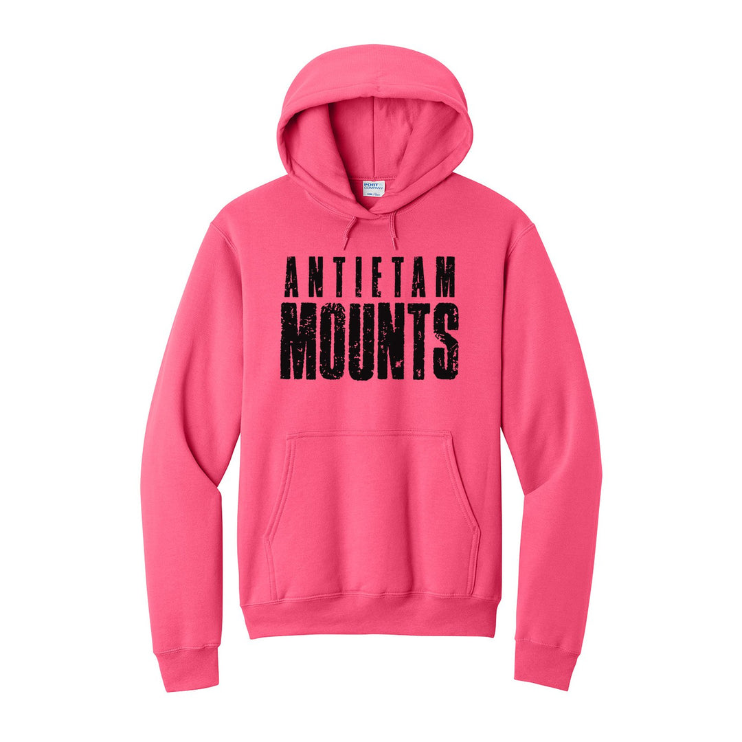 Antietam Mountaineers Distressed Block hoodie in Neon Pink: ANTIETAM over tall, distressed MOUNTS lettering