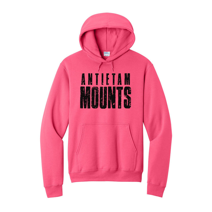 Antietam Mountaineers Distressed Block hoodie in Neon Pink: ANTIETAM over tall, distressed MOUNTS lettering