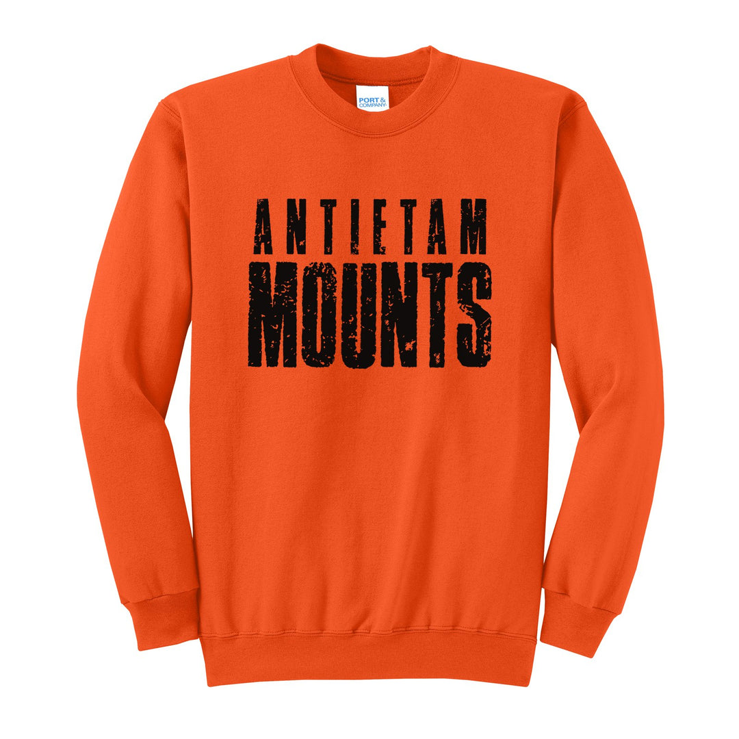 Antietam Mountaineers Distressed Block crewneck sweatshirt in Orange: ANTIETAM over tall, distressed MOUNTS lettering