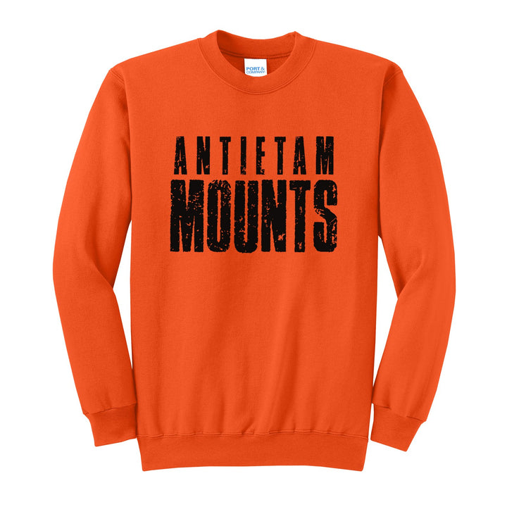 Antietam Mountaineers Distressed Block crewneck sweatshirt in Orange: ANTIETAM over tall, distressed MOUNTS lettering