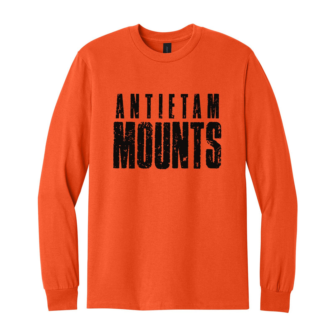 Antietam Mountaineers Distressed Block long sleeve t-shirt in Orange: ANTIETAM over tall, distressed MOUNTS lettering