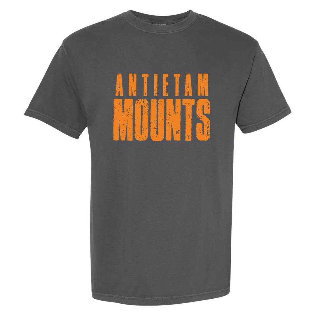 Antietam Mountaineers Distressed Block comfort colors t-shirt in Pepper: ANTIETAM over tall, distressed MOUNTS lettering