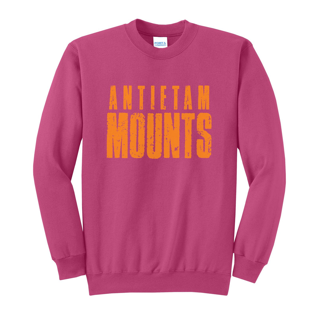 Antietam Mountaineers Distressed Block crewneck sweatshirt in Sangria: ANTIETAM over tall, distressed MOUNTS lettering