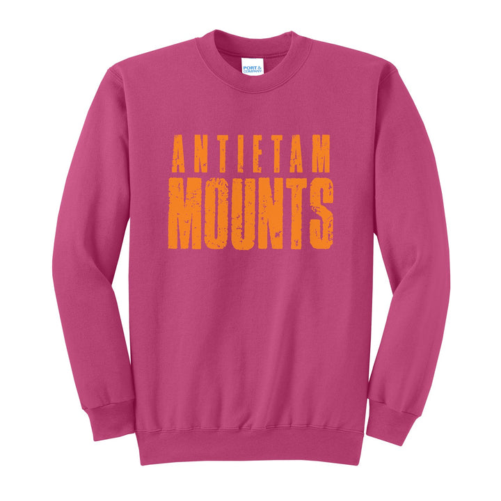 Antietam Mountaineers Distressed Block crewneck sweatshirt in Sangria: ANTIETAM over tall, distressed MOUNTS lettering