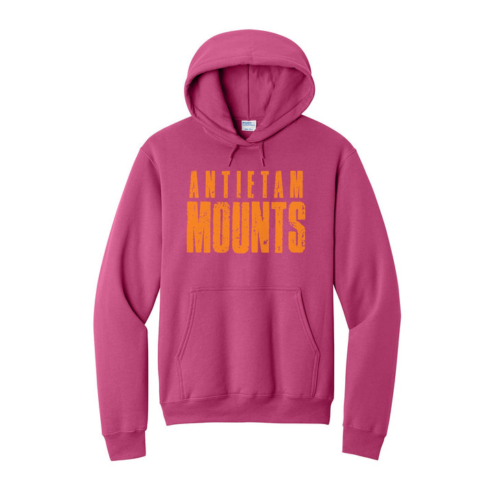 Antietam Mountaineers Distressed Block hoodie in Sangria: ANTIETAM over tall, distressed MOUNTS lettering
