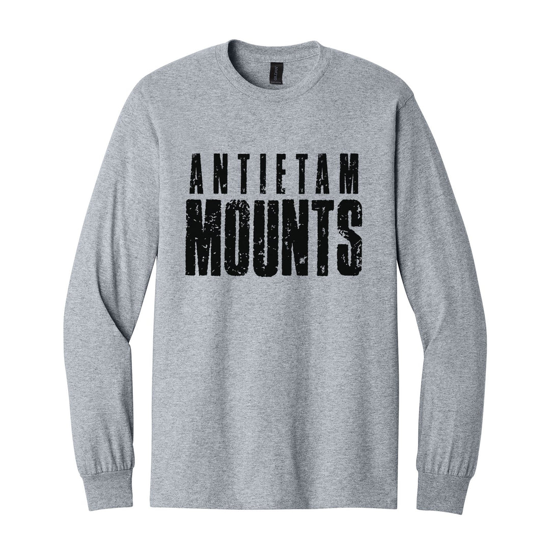 Antietam Mountaineers Distressed Block long sleeve t-shirt in Sport Grey: ANTIETAM over tall, distressed MOUNTS lettering