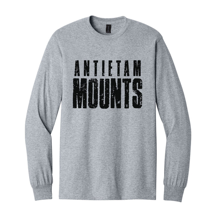 Antietam Mountaineers Distressed Block long sleeve t-shirt in Sport Grey: ANTIETAM over tall, distressed MOUNTS lettering