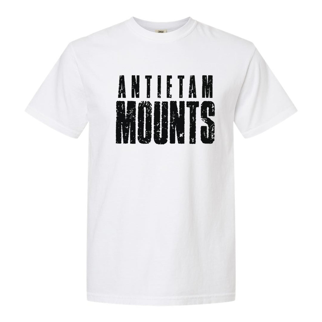 Antietam Mountaineers Distressed Block comfort colors t-shirt in White: ANTIETAM over tall, distressed MOUNTS lettering