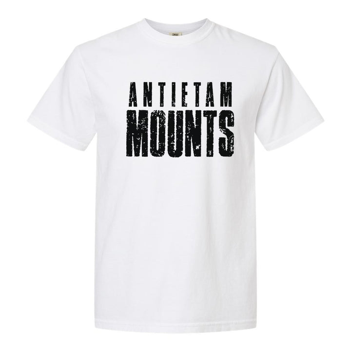 Antietam Mountaineers Distressed Block comfort colors t-shirt in White: ANTIETAM over tall, distressed MOUNTS lettering