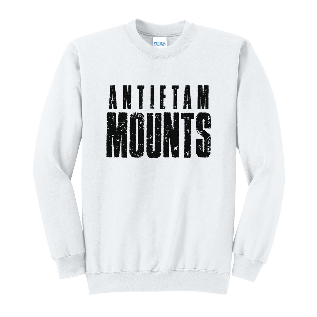 Antietam Mountaineers Distressed Block crewneck sweatshirt in White: ANTIETAM over tall, distressed MOUNTS lettering