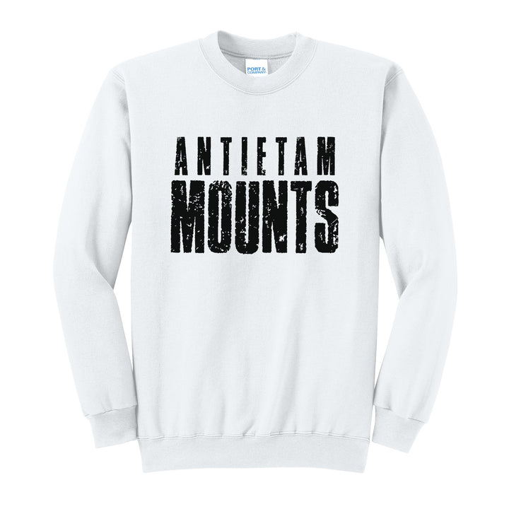 Antietam Mountaineers Distressed Block crewneck sweatshirt in White: ANTIETAM over tall, distressed MOUNTS lettering