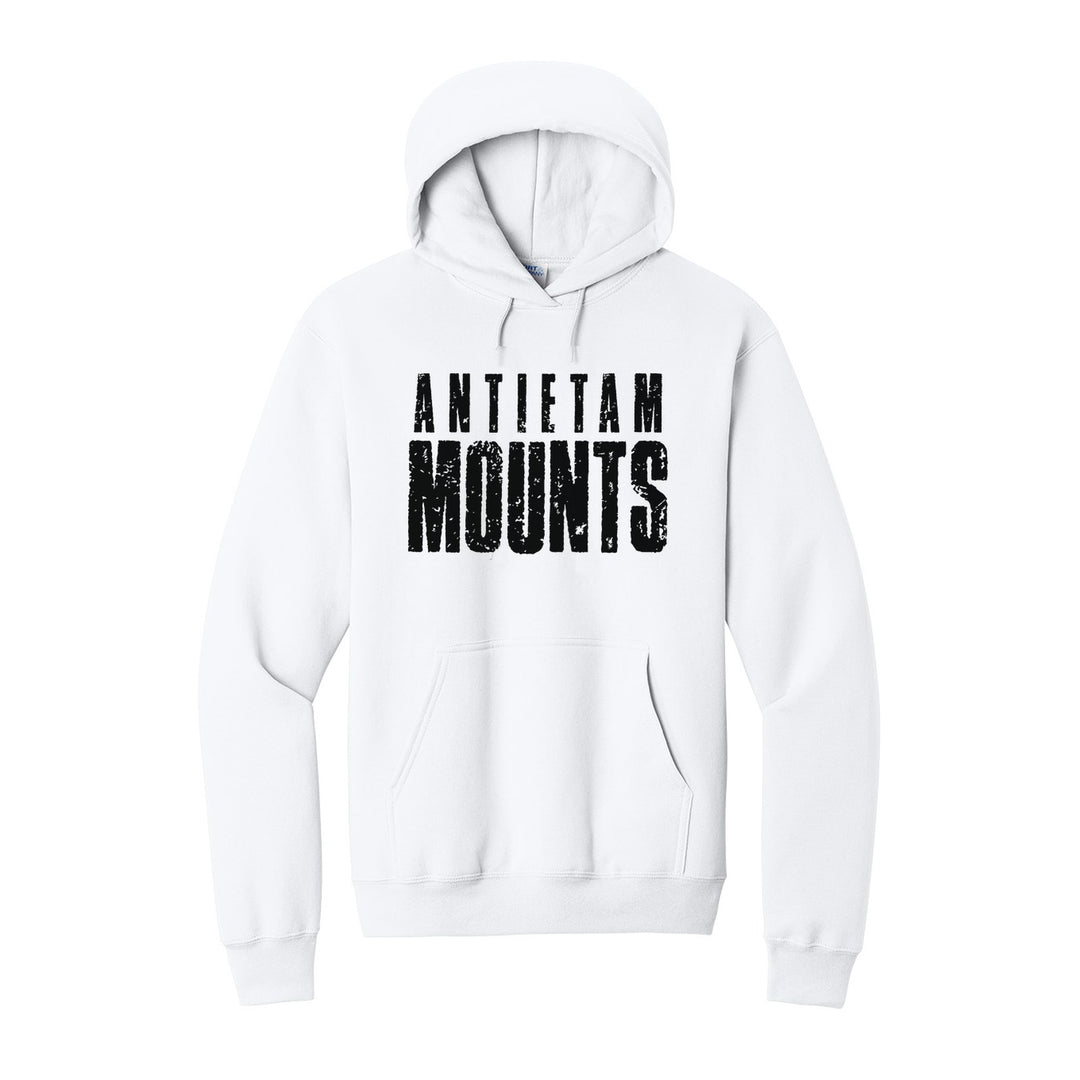 Antietam Mountaineers Distressed Block hoodie in White: ANTIETAM over tall, distressed MOUNTS lettering